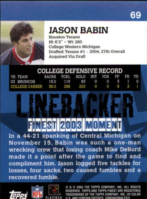 2004 Finest #69 Jason Babin RC back image