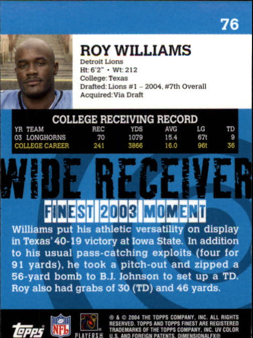 2004 Finest #76 Roy Williams RC back image