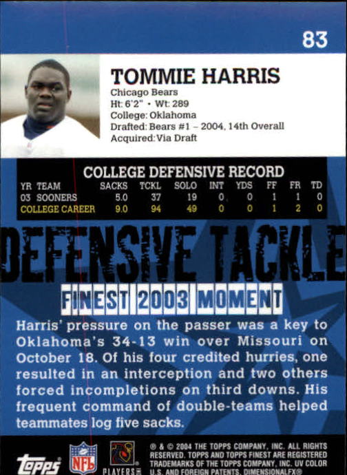 2004 Finest #83 Tommie Harris RC back image