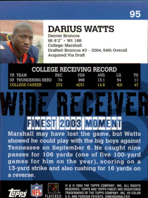2004 Finest #95 Darius Watts RC back image