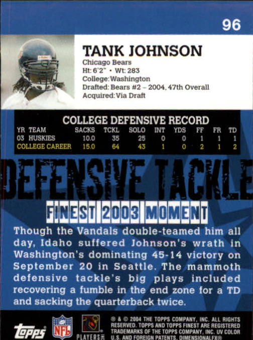 2004 Finest #96 Tank Johnson RC back image