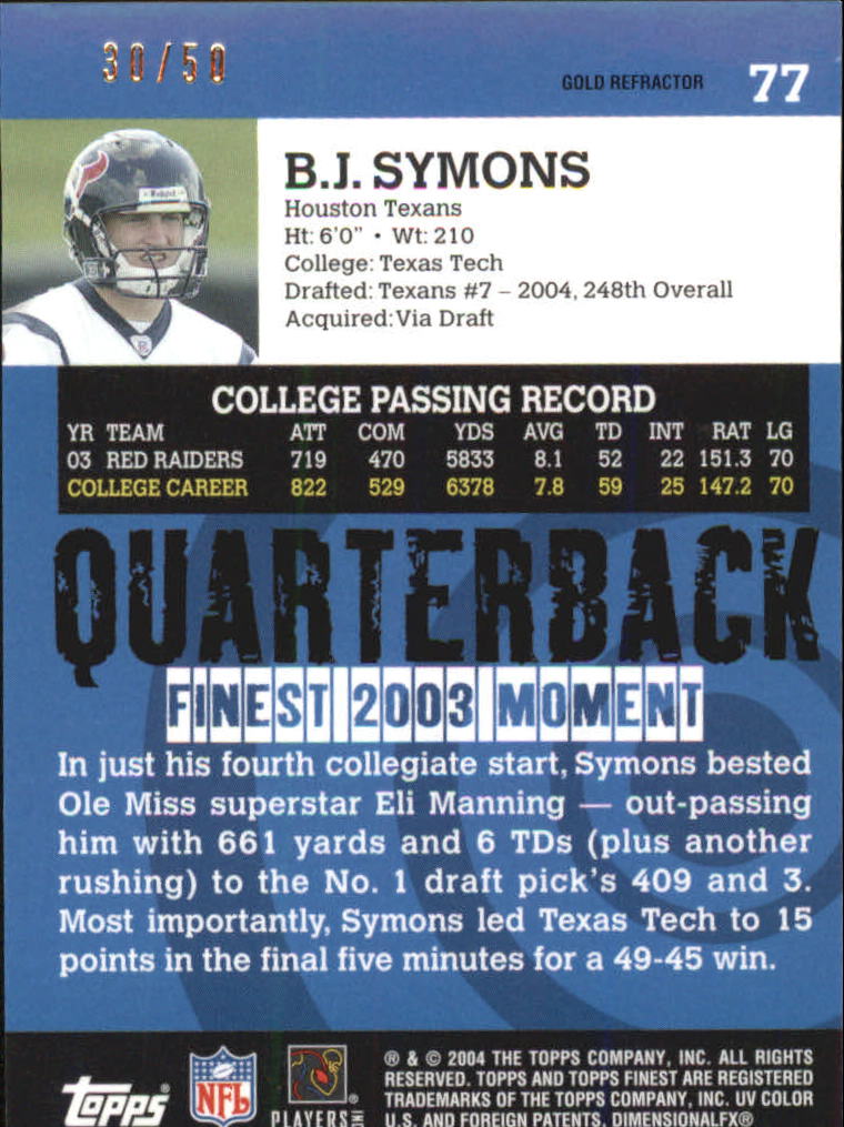 2004 Finest Gold Refractors #77 B.J. Symons back image