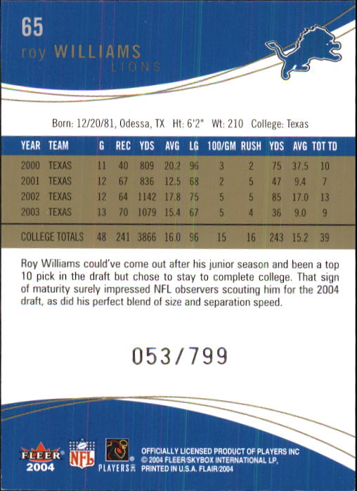 2004 Flair #65 Roy Williams RC back image