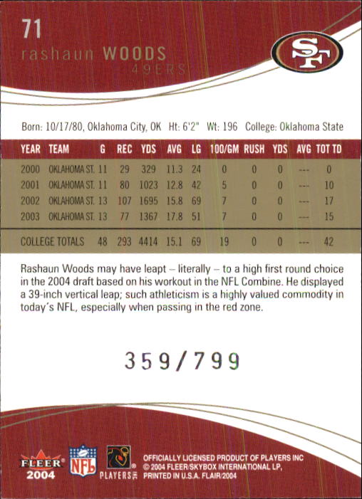 2004 Flair #71 Rashaun Woods RC back image