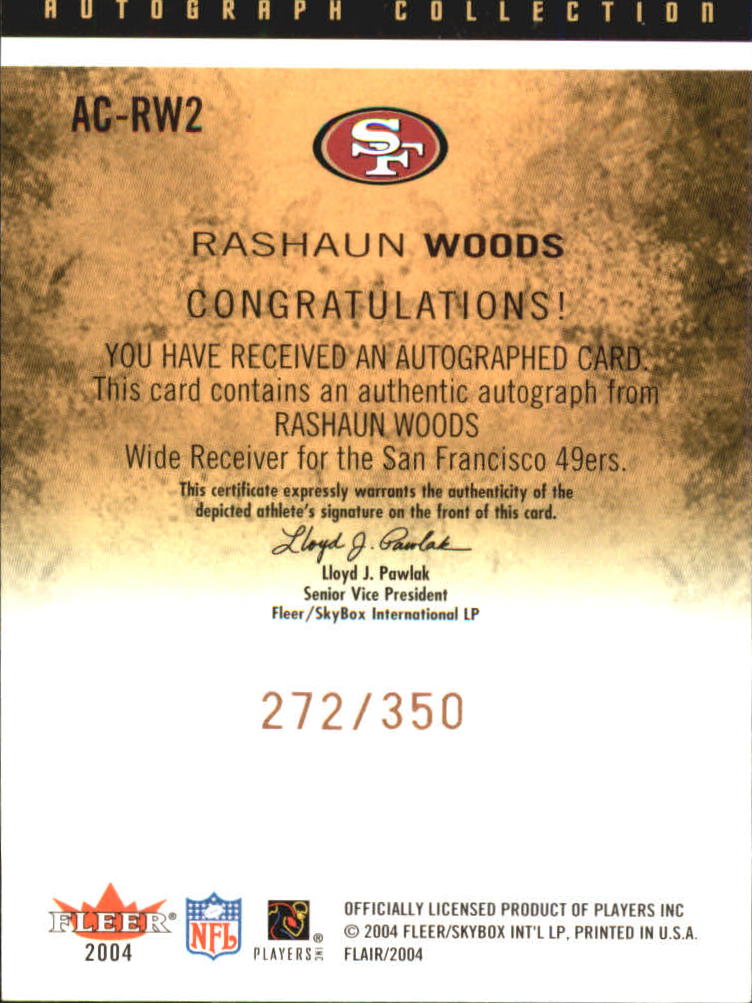 2004 Flair Autograph Collection Bronze #ACRAW Rashaun Woods/350 back image