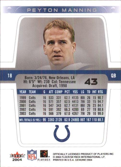 2004 Fleer Genuine #43 Peyton Manning back image