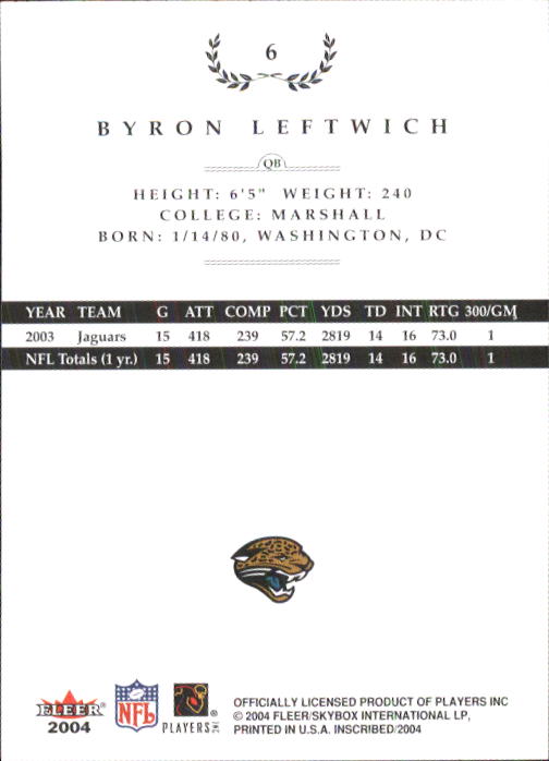 2004 Fleer Inscribed #6 Byron Leftwich back image