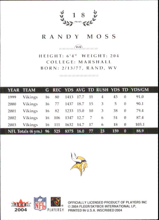 2004 Fleer Inscribed #18 Randy Moss back image