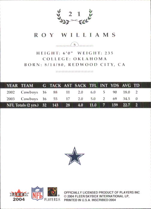 2004 Fleer Inscribed #21 Roy Williams S back image