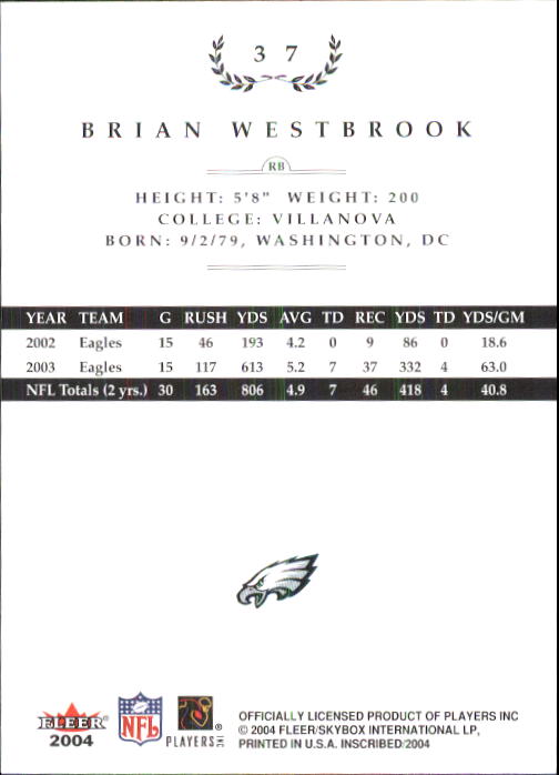 2004 Fleer Inscribed #37 Brian Westbrook back image