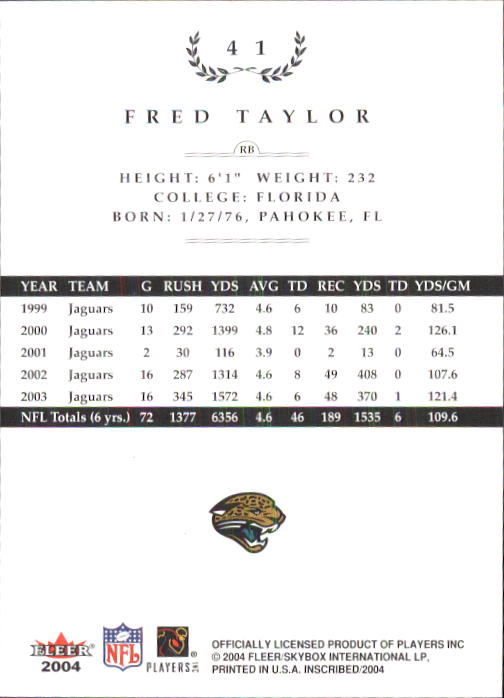 2004 Fleer Inscribed #41 Fred Taylor back image