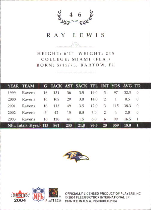2004 Fleer Inscribed #46 Ray Lewis back image