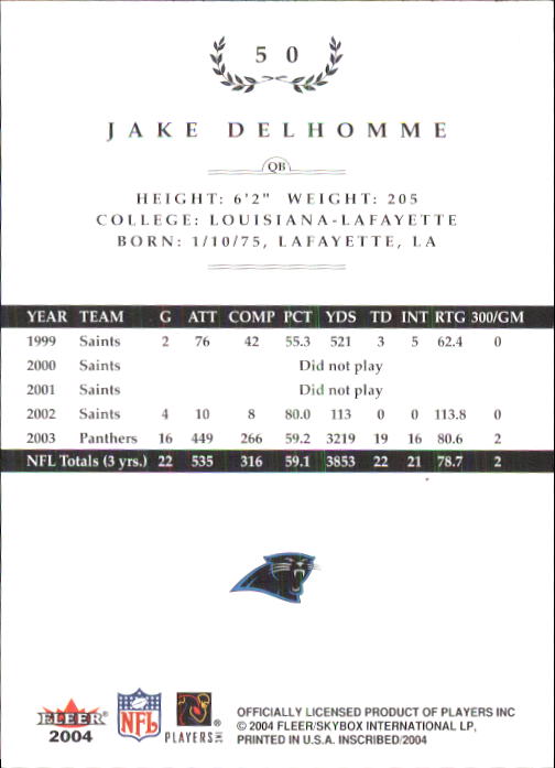 2004 Fleer Inscribed #50 Jake Delhomme back image