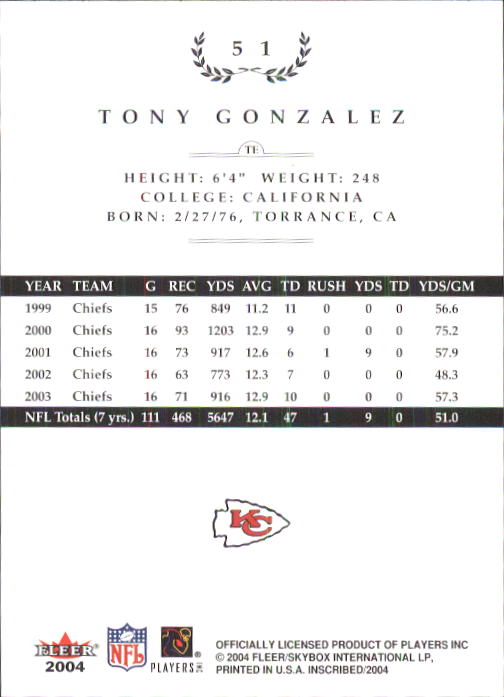 2004 Fleer Inscribed #51 Tony Gonzalez back image