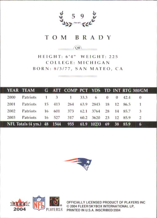 2004 Fleer Inscribed #59 Tom Brady back image