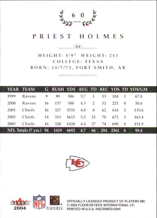 2004 Fleer Inscribed #60 Priest Holmes back image