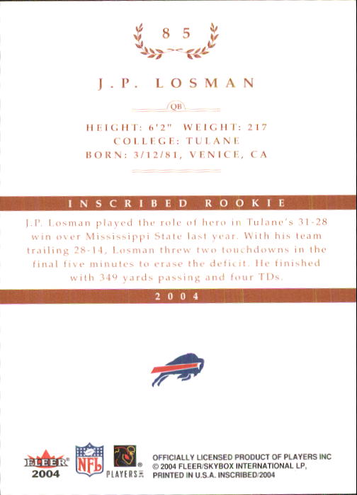 2004 Fleer Inscribed #85 J.P. Losman RC back image
