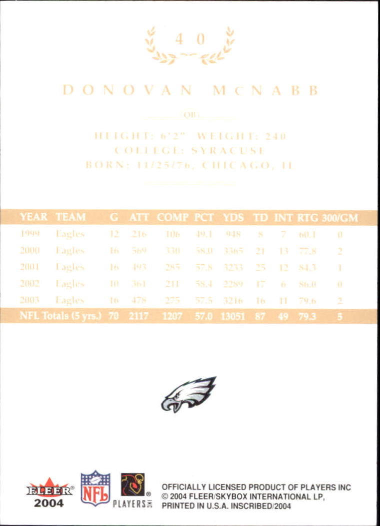 2004 Fleer Inscribed Black Border Gold #40 Donovan McNabb back image