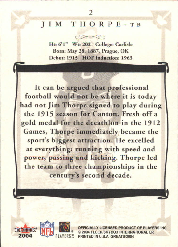 2004 Greats of the Game #2 Jim Thorpe back image