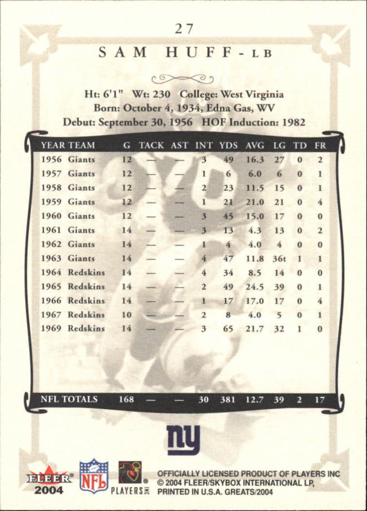 2004 Greats of the Game #27 Sam Huff back image
