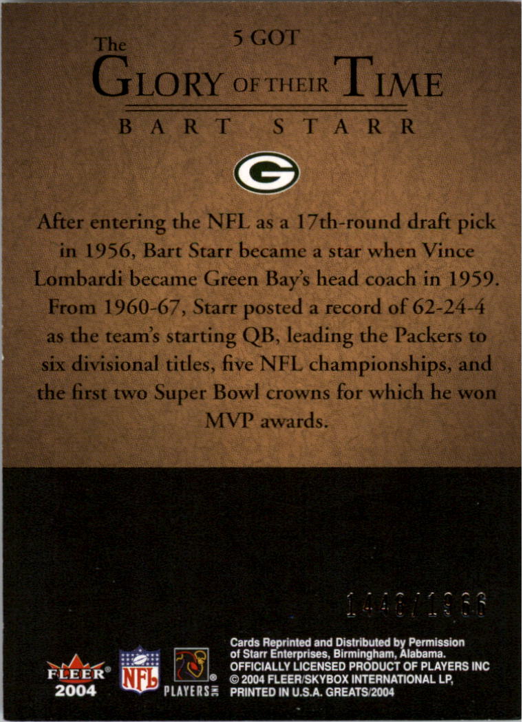 2004 Greats of the Game Glory of Their Time #GOT5 Bart Starr/1966 back image