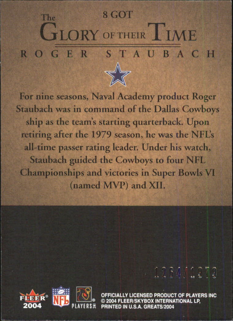 2004 Greats of the Game Glory of Their Time #GOT8 Roger Staubach/1979 back image