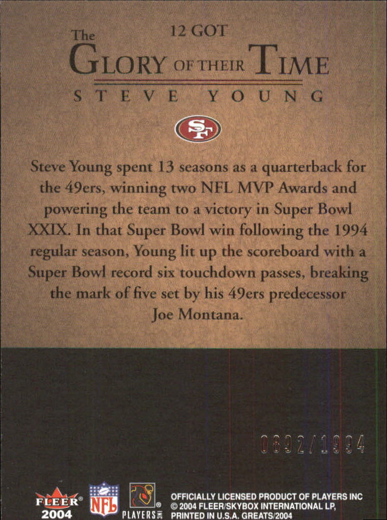 2004 Greats of the Game Glory of Their Time #GOT12 Steve Young/1994 back image