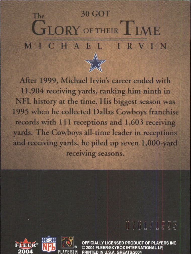 2004 Greats of the Game Glory of Their Time #GOT30 Michael Irvin/1995 back image
