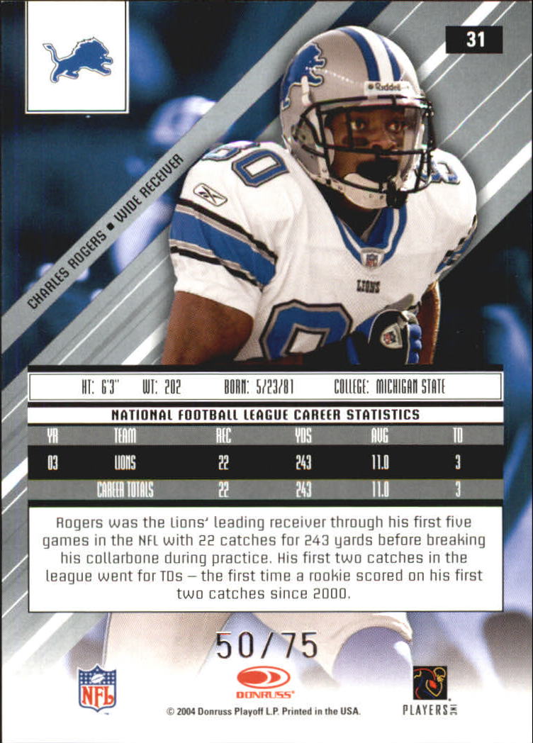 2004 Leaf Rookies and Stars Longevity Holofoil Parallel #31 Charles Rogers back image
