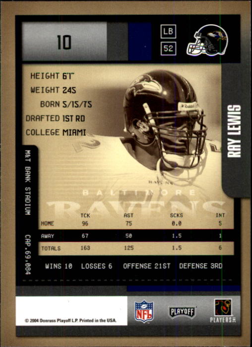 2004 Playoff Contenders #10 Ray Lewis back image