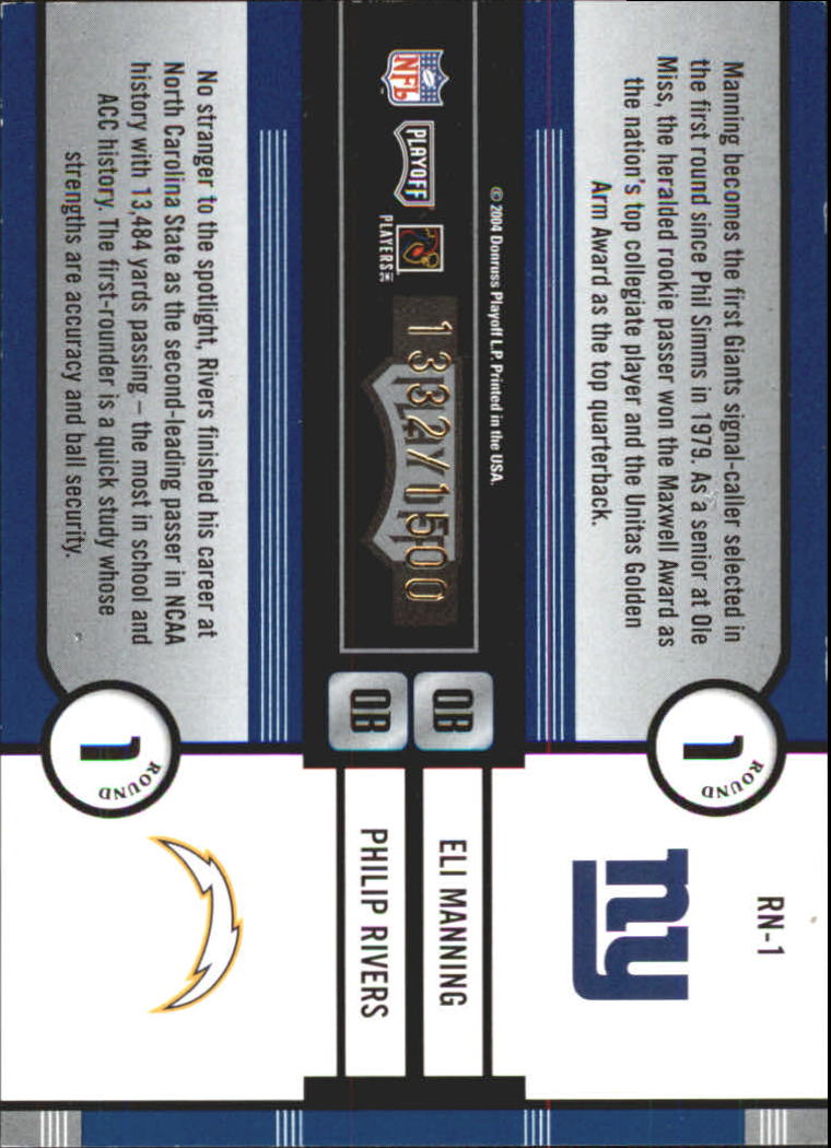 2004 Playoff Contenders Round Numbers Blue #RN1 Eli Manning/Philip Rivers back image