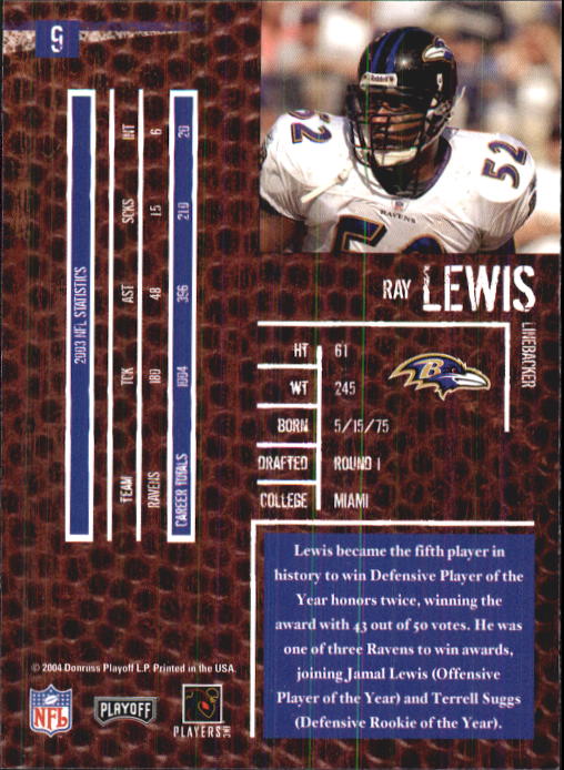2004 Playoff Hogg Heaven #9 Ray Lewis back image