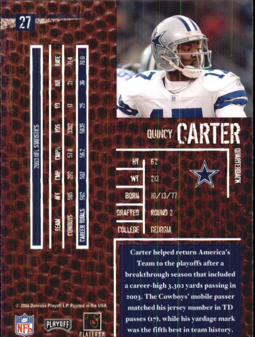 2004 Playoff Hogg Heaven #27 Quincy Carter back image