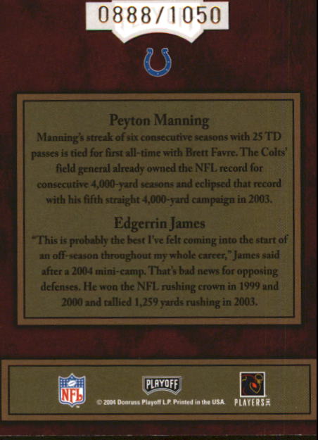 2004 Playoff Hogg Heaven Pig Pals #PP13 Peyton Manning/Edgerrin James back image