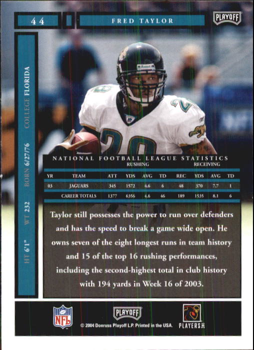 2004 Playoff Honors #44 Fred Taylor back image