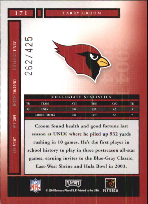 2004 Playoff Honors #171 Larry Croom RC back image