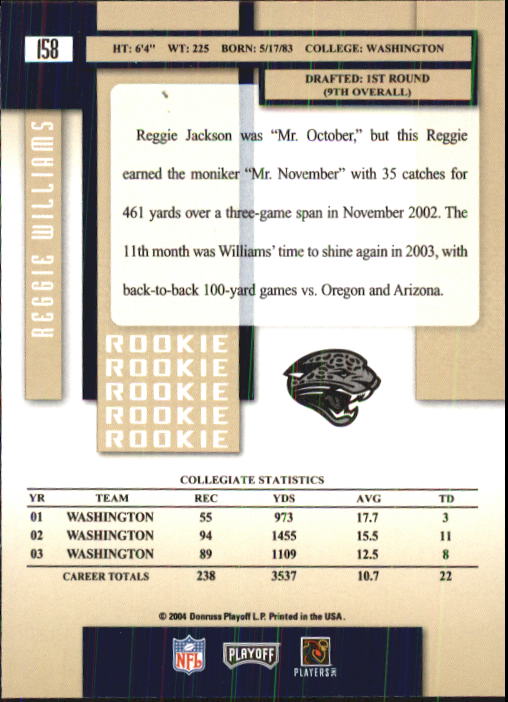 2004 Playoff Prestige #158 Reggie Williams RC back image