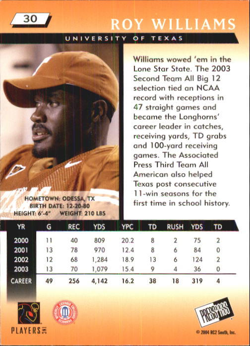 2004 Press Pass #30 Roy Williams WR back image