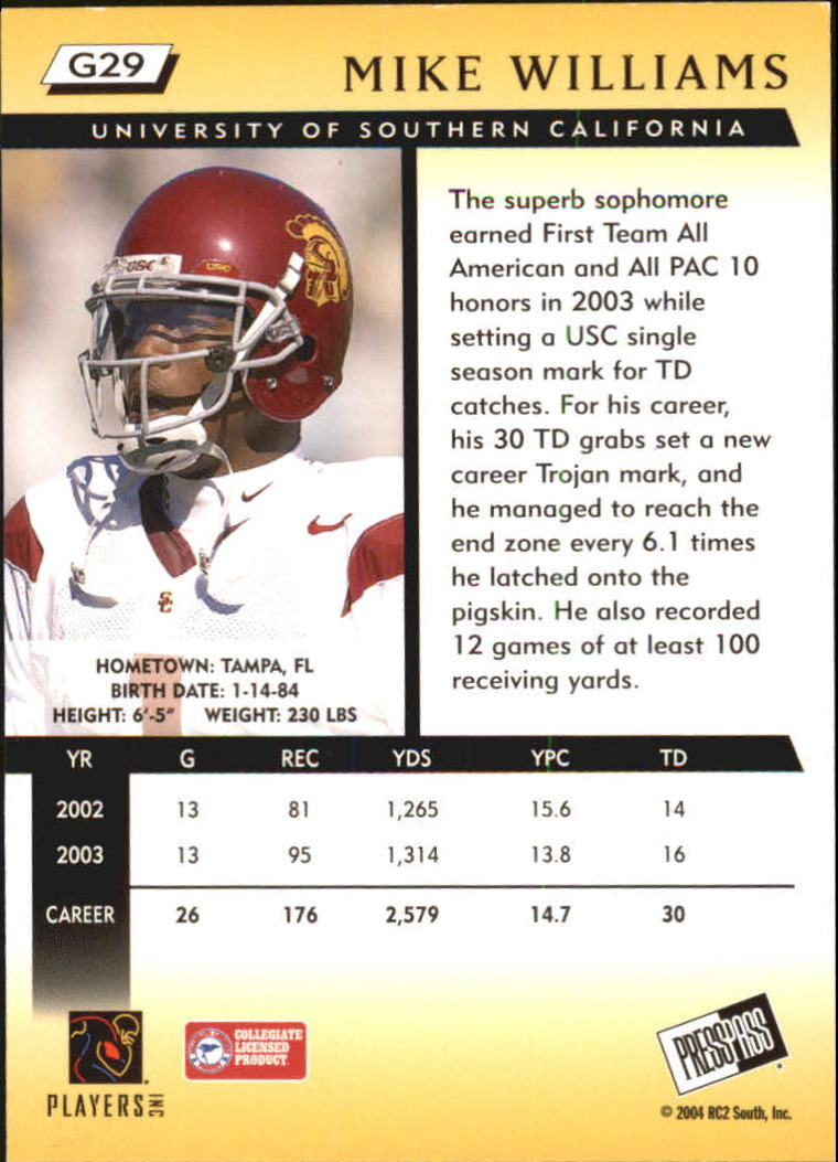 2004 Press Pass Gold #G29 Mike Williams back image