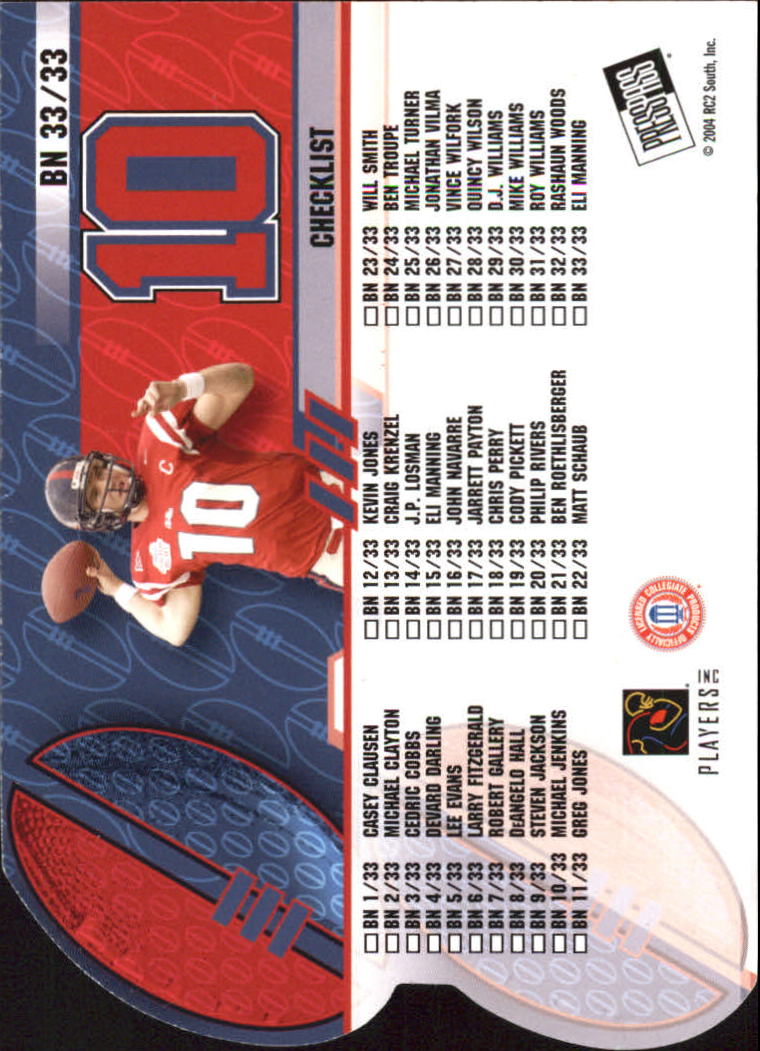 2004 Press Pass Big Numbers #BN33 Eli Manning CL back image