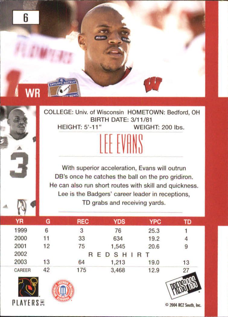 2004 Press Pass SE #6 Lee Evans back image