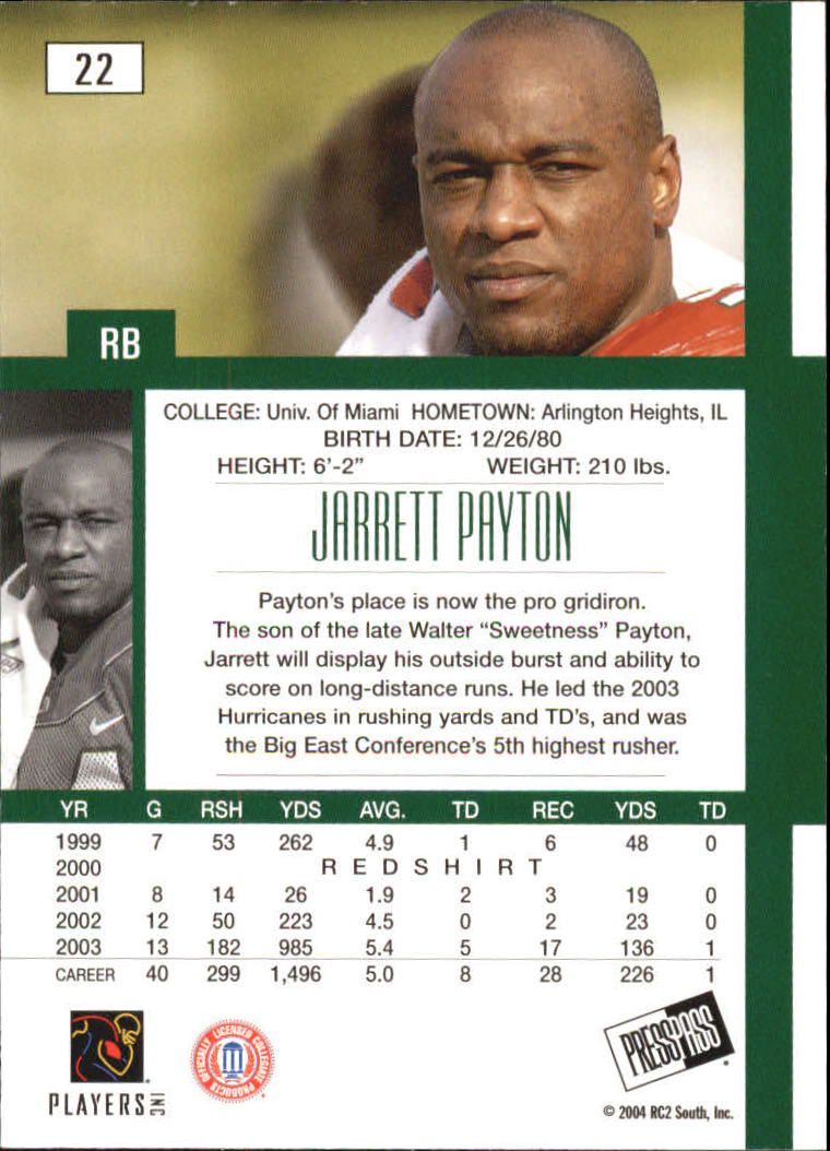 2004 Press Pass SE #22 Jarrett Payton back image