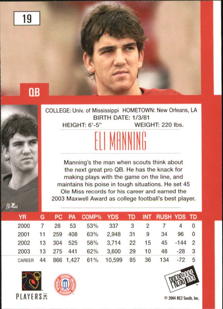 2004 Press Pass SE First Down Gold #19 Eli Manning back image