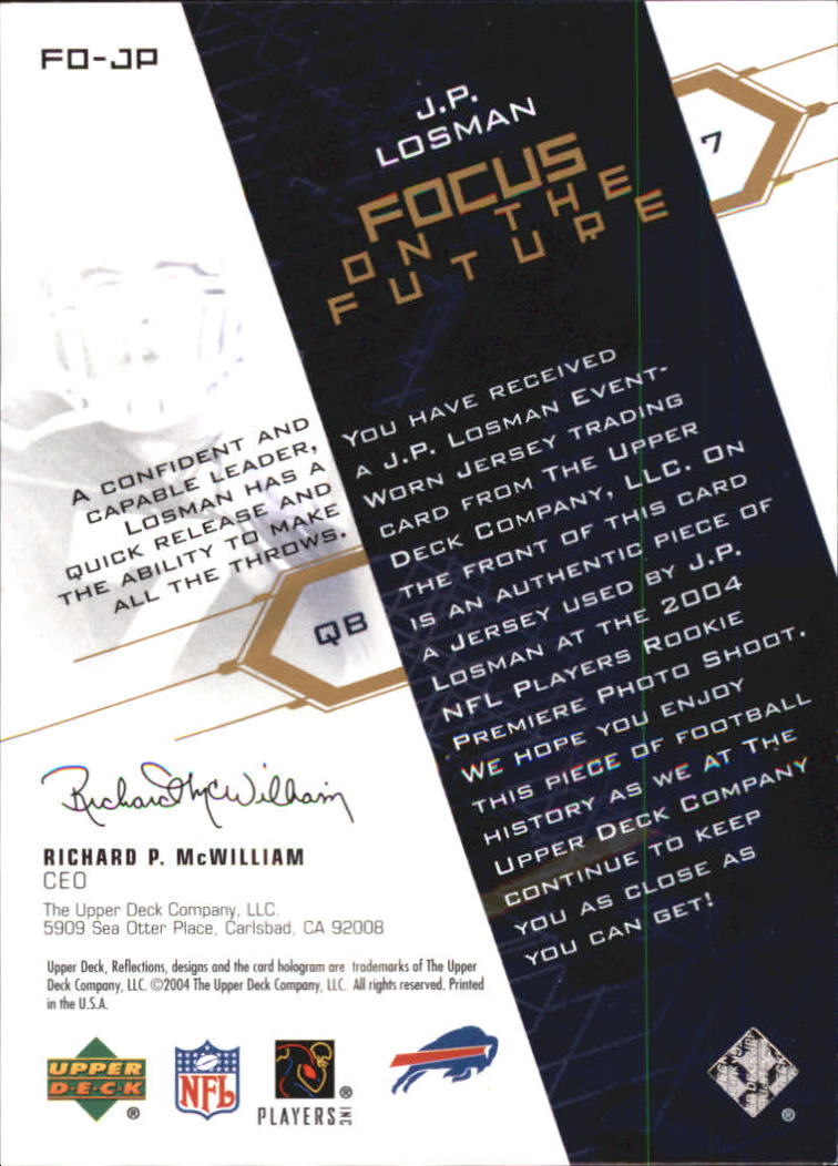2004 Reflections Focus on the Future Jerseys Gold #FOJP J.P. Losman back image