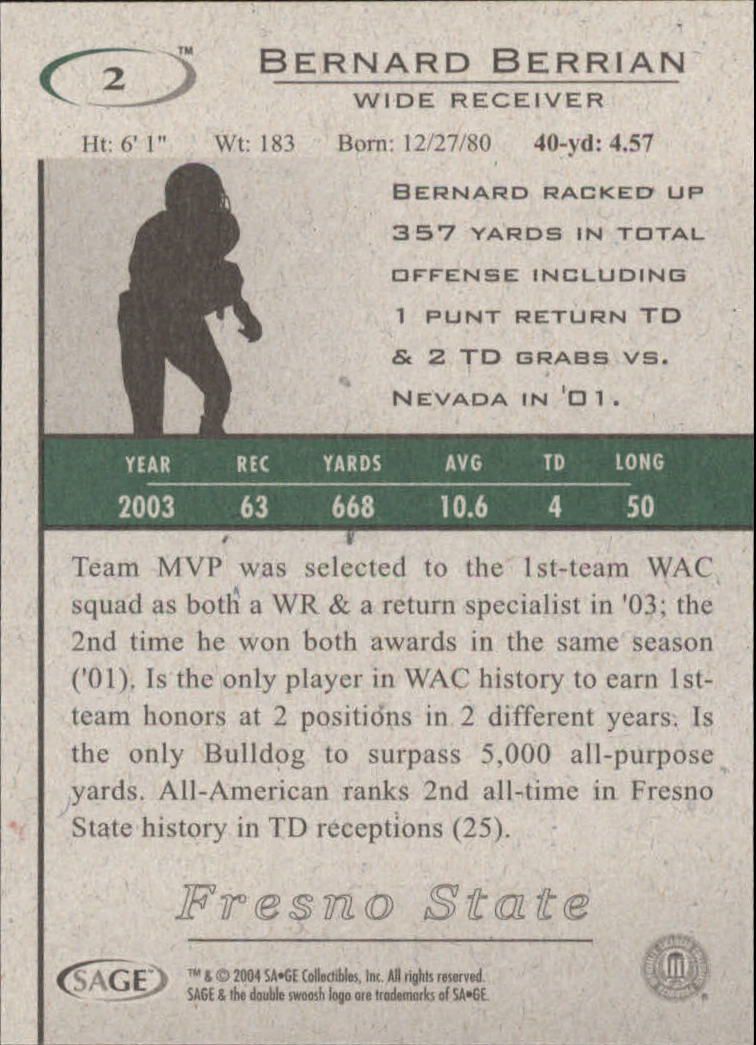 2004 Sage HIT Football "Main Set" Base Cards - Picture 5 of 93