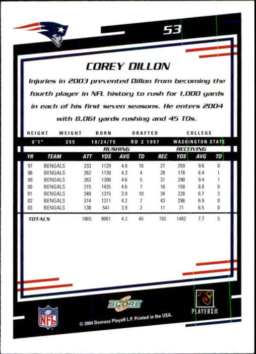 2004 Score #53 Corey Dillon back image