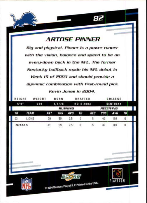 2004 Score #82 Artose Pinner back image