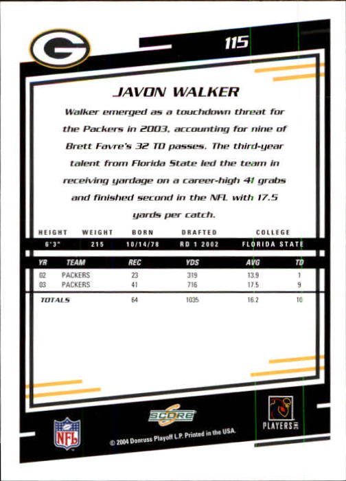 2004 Score #115 Javon Walker back image