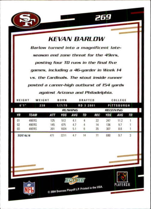 2004 Score #269 Kevan Barlow back image