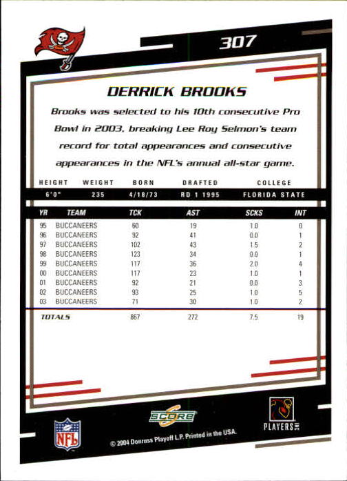 2004 Score #307 Derrick Brooks back image